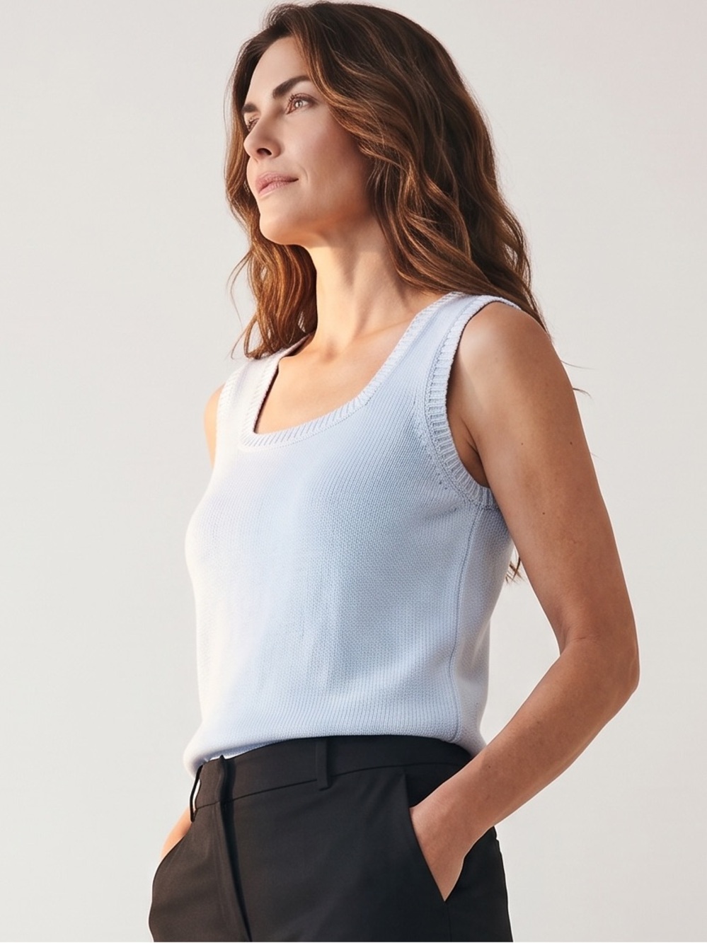 White Stag Linen Blend Light Blue Knit Square-Neck Sleeveless Sweater Tank
